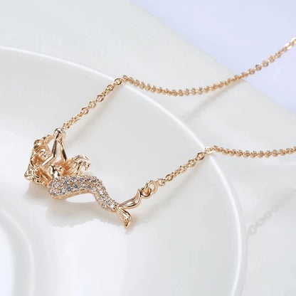 Kinel Exquisite 585 Rose Gold Color Mermaid Pendant Necklaces For Women Shiny Natural Zircon Accessories Daily Fine Jewelry