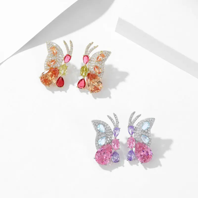 Fashion Niche Temperament Light Luxury Women's Ear Jewelry Colorful Zircon Inlaid Butterfly Earrings With Wings Flying Together