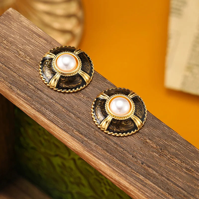 SUYU Vintege Classic Style Enamel Round Earrings Simulated Pearl Elegant Fashion Women's Luxury Earrings Jewelry Accessories