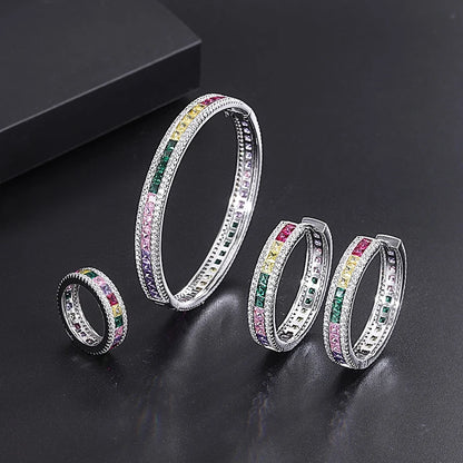 Women's Light Luxury Colorful Zircon Bracelet Bracelet Double sided Gradient Earrings Adjustable Size Suitable for Men's Rings