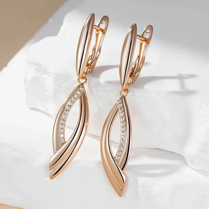 Wbmqda Simple Eleangt Long Drop Earrings For Women 585 Rose Gold Color With Natural Zircon  Wedding Party Fashion Dubai Jewelry