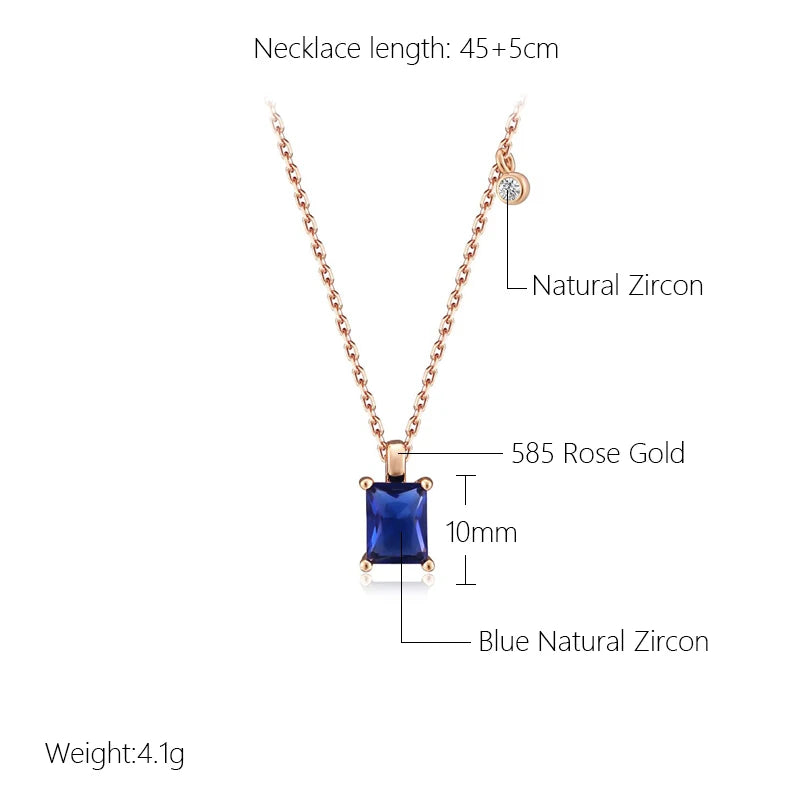 Wbmqda Square Blue Natural Zircon Pendant And Necklace For Women 585 Rose Gold Color Simple Fashion Daily Matching Fine Jewelry