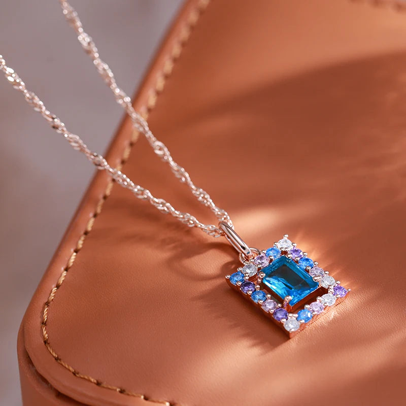 Kienl Fashion 585 Rose Gold Color Square Pendant Necklace for Women Blue Natural Zircon Accessories High Quality Daily Jewelry