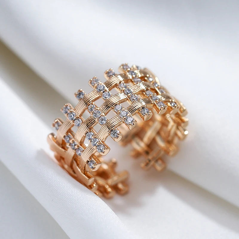 Wbmqda Fashion Metal Weave Finegr Ring For Women 585 Rose Gold Color Natural Zircon Setting 2023 Trendy Personalized Jewelry