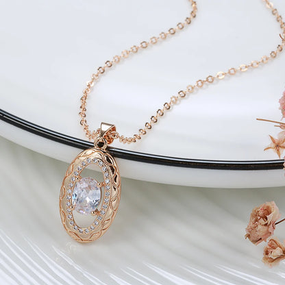 Wbmqda Luxury 585 Rose Gold Color Pendant And Necklace For Women Oval Natural Zircon Setting Ethnic Wedding Jewelry Accessories