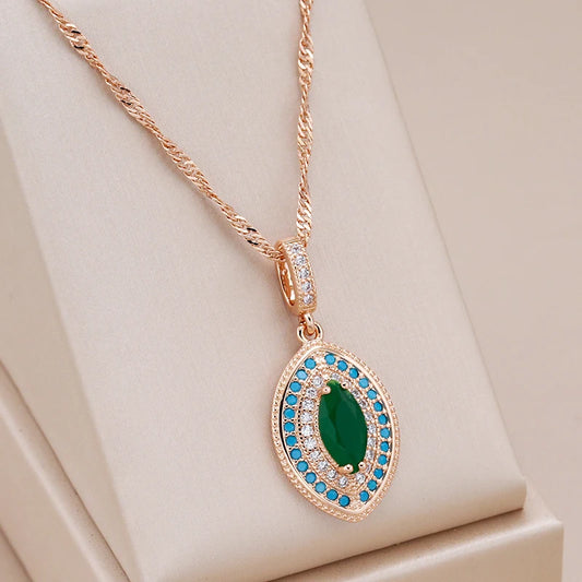 Kinel Hot 585 Rose Gold Color Long Pendant Necklace Women Fashion Green With Blue Natural Zircon Wedding Daily Vintage Jewelry