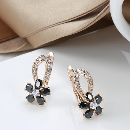 Wbmqda Luxury Black Crystal Flower Pendant 585 Rose Gold Color Natural Zircon Drop Earrings For Women Wedding Party Fine Jewelry