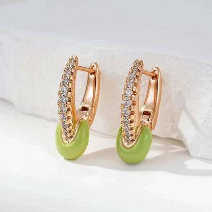 Wbmqda Unique Green Enamel Drop Earrings For Women 585 Rose Gold Color With White Natural Zircon Holiday Party Fashion Jewelry