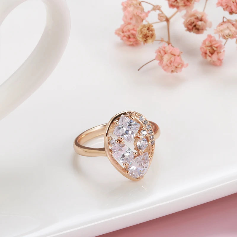 Kinel Fashion 585 Rose Gold Color Bride Wedding Ring Unique Full Natural Zircon Accessories Daily Fine Jewelry Gifts for Women