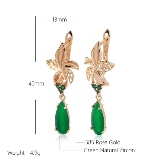 Kienl New 585 Rose Gold Long Earring for Women Vintage Green Natural Zircon Flower Drop Earrings Bride Wedding Jewelry