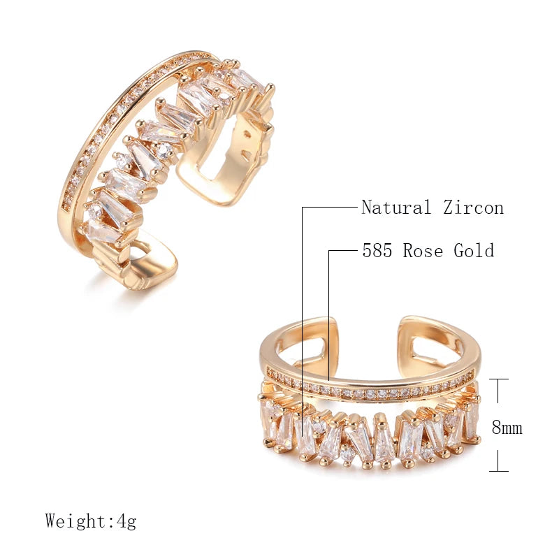 Wbmqda New Fashion 585 Rose Gold Color Natural Zircon Open Ring For Women Daily Fine Accessories Luxury Trendy Crystal Jewelry