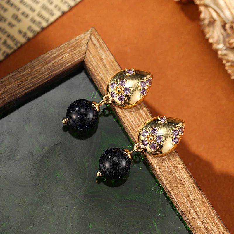 SUYU Medieval Women's Droplet Flower Earrings Fashion Elegant Light Luxury Zircon Droplet Stone Vintage Classic Earrings