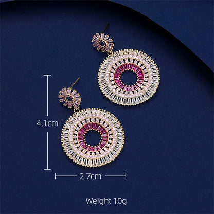 SUYU New Fashion Exaggerated Earrings Women's Retro Blue Exaggerated Gradient Pink Zircon Ring Earrings Holiday Gift