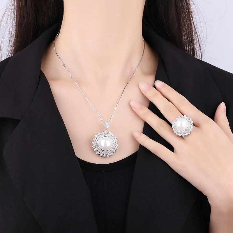 SUYU Autumn White Imitation Beimu Pearl Korean Fashion Handmade Cubic Oxide Luxury Necklace Ring Set