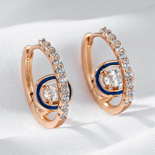 Wbmqda Unique Blue Enamel Hoop Earrings For Women 585 Rose Gold Color With White Natural Zircon Fashion Daily Party Fine Jewelry