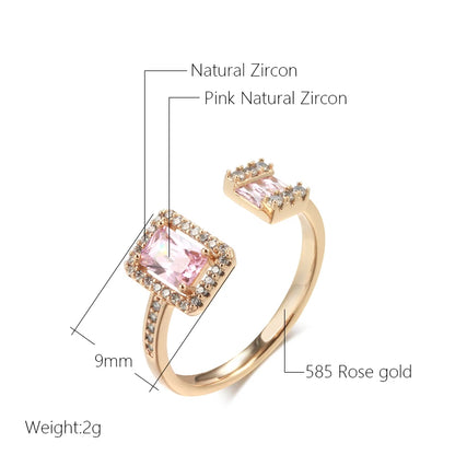 Kinel Hot Square Pink Natural Zircon Open Rings For Women Luxury 585 Rose Gold Color Bride Wedding Party Daily Jewelry