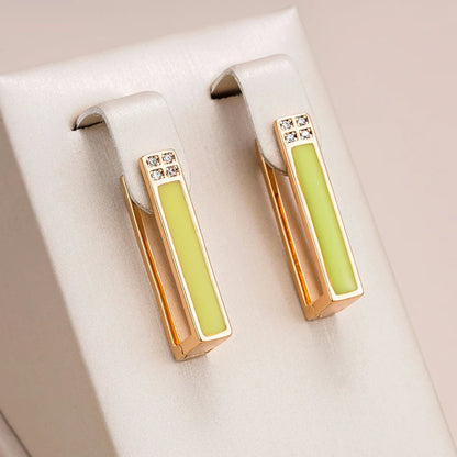 Wbmqda New Fashion Design Green Enamel Hoop Zircon Earrings For Women 585 Rose Gold Color Simple French Style Jewelry Gift