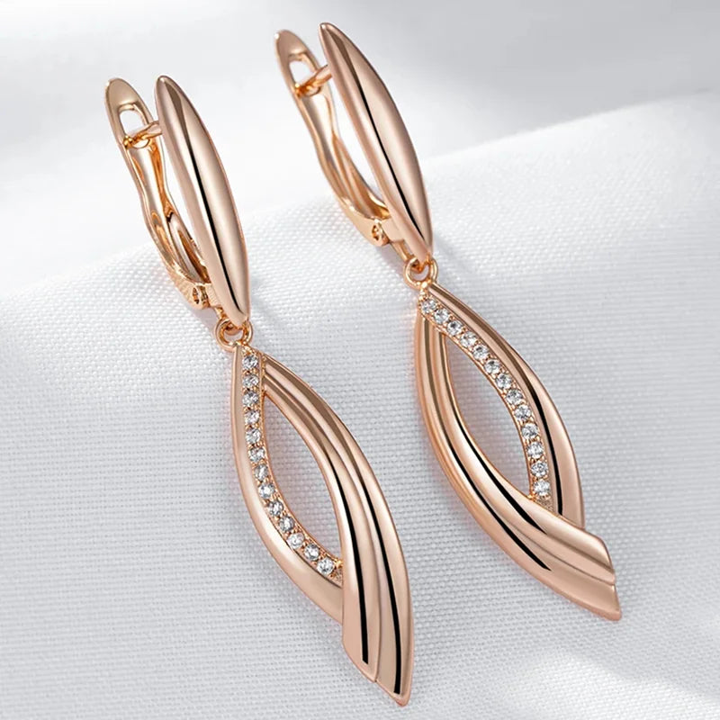 Wbmqda Simple Eleangt Long Drop Earrings For Women 585 Rose Gold Color With Natural Zircon  Wedding Party Fashion Dubai Jewelry