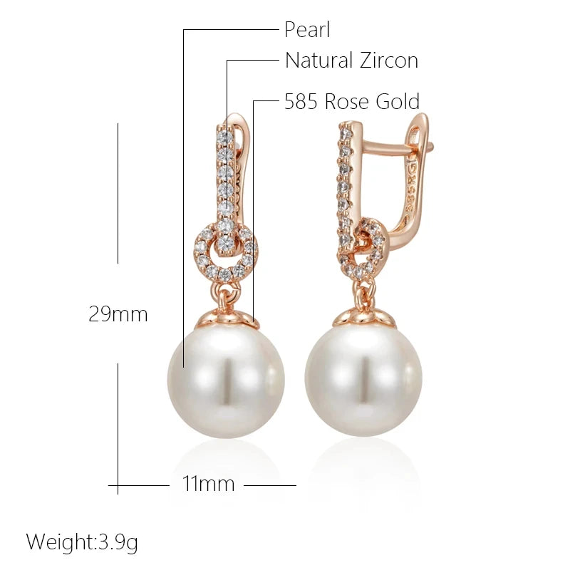 Wbmqda Elegant Pearl Drop Earrings for Women 585 Rose Gold Color With Natural Zircon Luxury Wedding Party Fine Jewelry