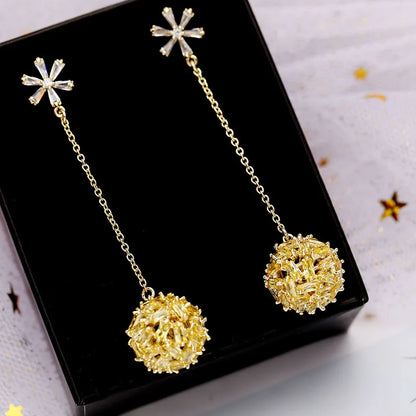 SUYU Colored Cubic Zirconia Snowflake Long Style Temperament Earrings Personality Earrings Hollow Round Earrings