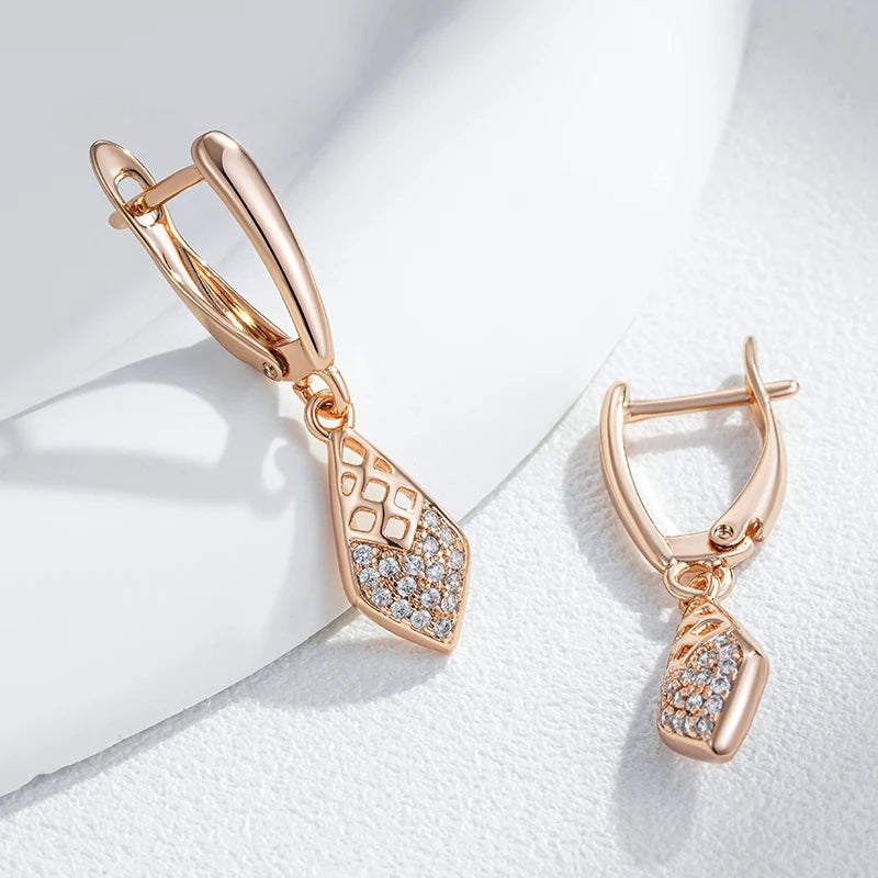 Wbmqda Fashion Hollow Lozenge Drop Earrings For Women 585 Rose Gold Color With White Natural Zircon Wedding Party Fine Jewelry