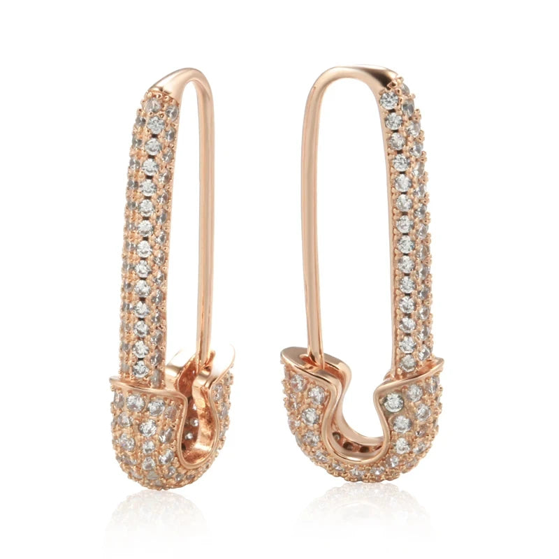 Wbmqda Unique Pin Shape Drop Earrings For Women 585 Rose Gold Color Full Zircon Setting Personalized Pierced Jewelry Accessories