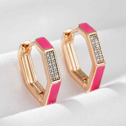 Wbmqda New Fashion Design Pink Enamel Hoop Zircon Earrings For Women 585 Rose Gold Color Simple French Style Jewelry Accessories