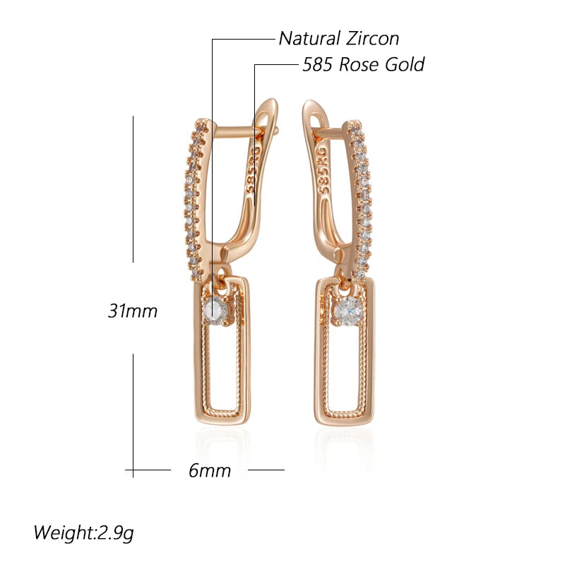 Kienl Hot Shiny Natural Zircon Square Long Earring for Women 585 Rose Gold Color Glossy Metal Accessories Trend Daily Jewelry