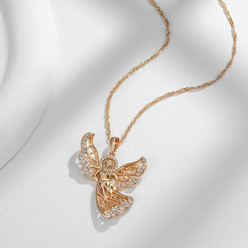 Wbmqda Luxury Fashion Angel Pendant And Necklace For Women 585 Rose Gold Color With White Natural Zircon Best Jewelry Gift