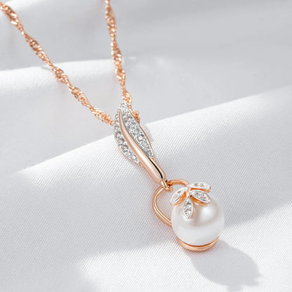 Kinel Hot Crystal Flower Pearl Pendant Necklace for Women 585 Rose Gold Silver Color Mix Boho Ethnic Wedding  Jewelry Gift