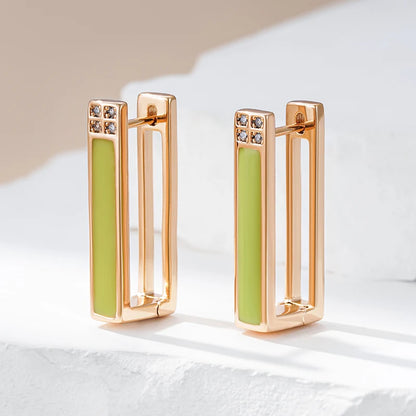 Wbmqda New Fashion Design Green Enamel Hoop Zircon Earrings For Women 585 Rose Gold Color Simple French Style Jewelry Gift