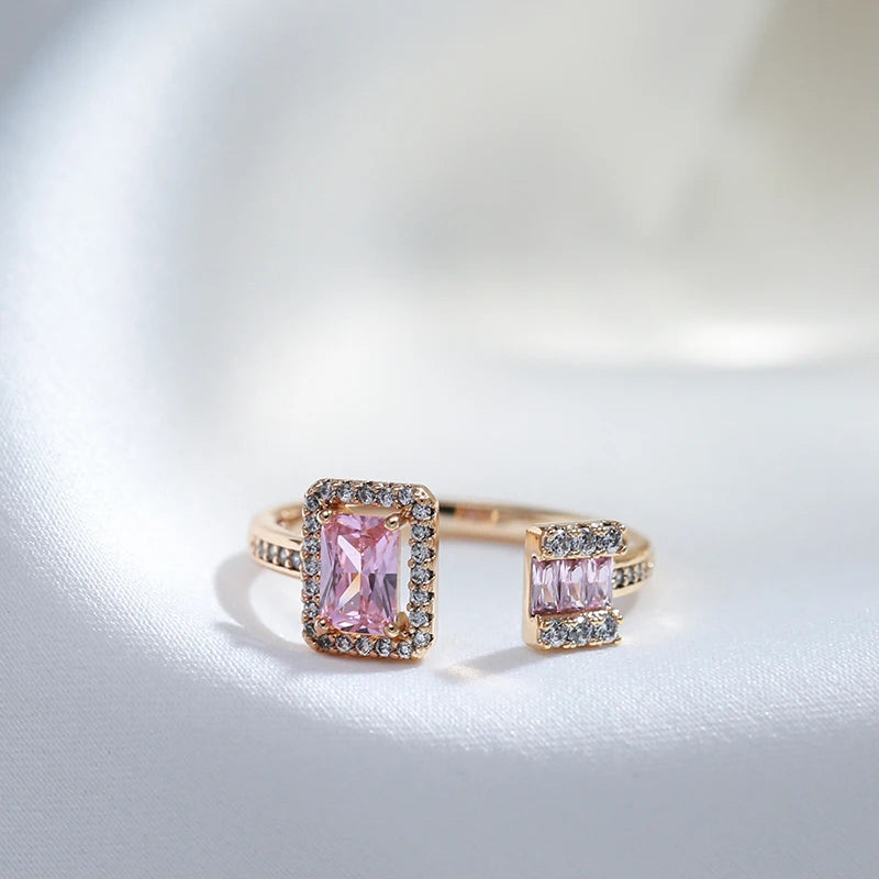 Kinel Hot Square Pink Natural Zircon Open Rings For Women Luxury 585 Rose Gold Color Bride Wedding Party Daily Jewelry