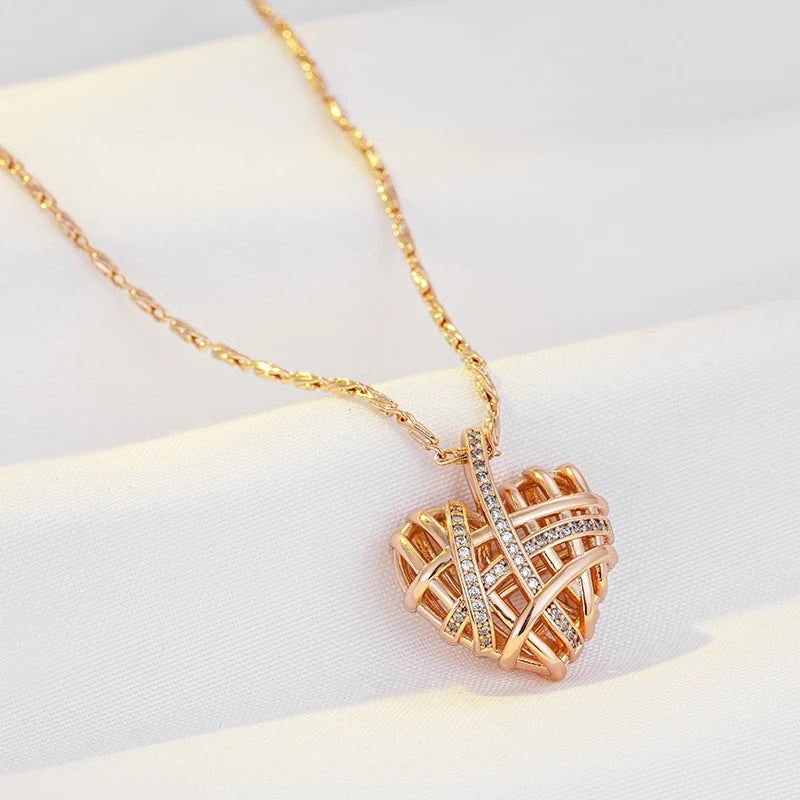 Wbmqda New Fashion Wrapped Hollow Love Shape Zircon Pendant Necklace For Women 585 Rose Gold Color Designer's Work 2023 Trending