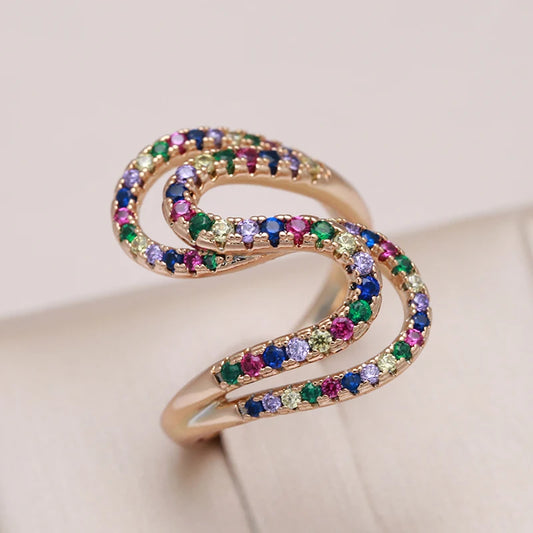 Kinel New Arrivals 585 Rose Gold Colorful Zircon Rainbow Ring Geometric Wave Finger Rings for Women Wedding Jewelry Crystal Gift