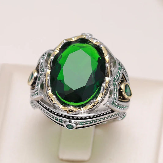 Kinel Vintage Ring for Men Green Natural Zircon Hand Engraved Pattern Ethnic Jewelry Punk Big Ring Best Daily Accessories