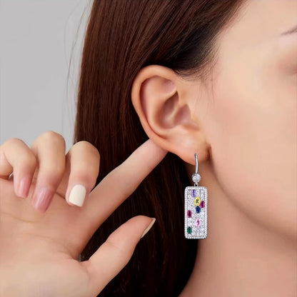 SUYU Colorful Fashion Elegant Rainbow Zircon Inlaid Square Earrings Exaggerated Ring Design Set