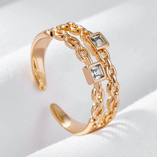 Wbmqda Double Layer Chain Design 585 Rose Gold Color Open Zircon Ring For Women Simple Fashion Daily Party Fine Jewelry