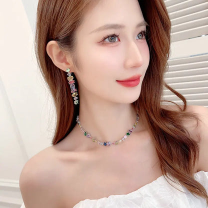 2023 New Fashion Fashion Fashion Jewelry Fashion Gradual Change Iridescence Zircon Two Wear Earrings Collar Chain Jewelry Set