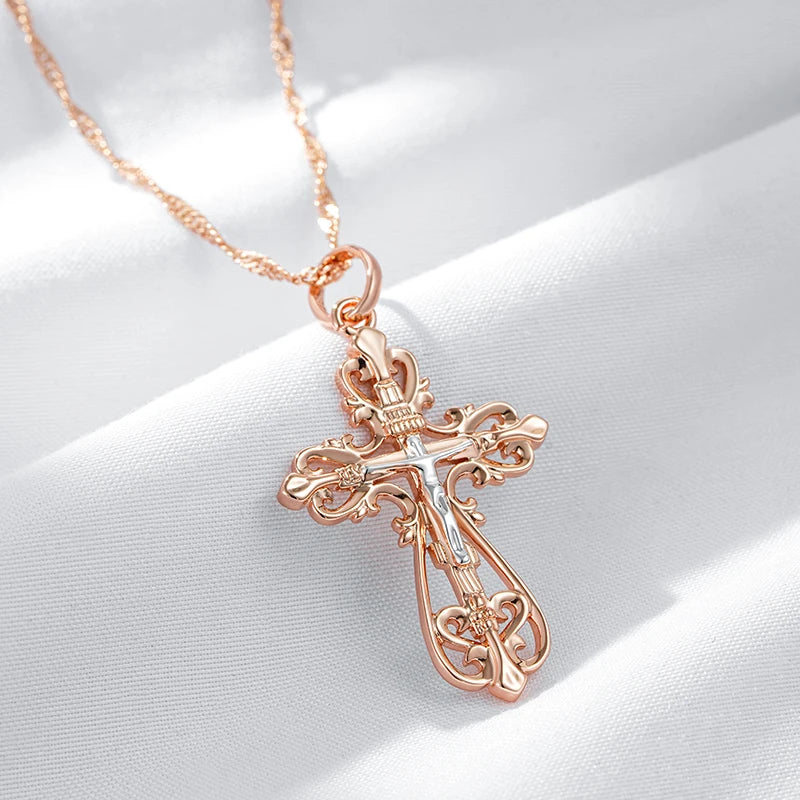 Kinel New Orthodox Church Cross Pendant Necklace for Women Men 585 Rose Gold Silver Color Mix Charm Daily Fine Ethnic Jewelry