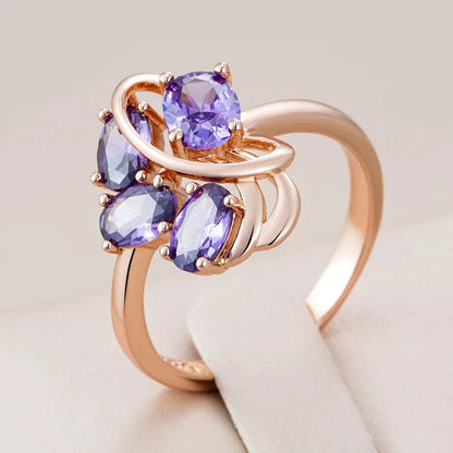 Wbmqda Purple Crystal Stone Flower Shape Ring For Women 585 Rose Gold Color Luxury Lilac Natural Zircon Jewelry Accessories