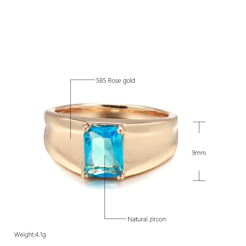 Wbmqda Simple Fashion Square Blue Natural Zircon Ring For Women 585 Rose Gold Color Metal Wide Surface Design Daily Fine Jewelry