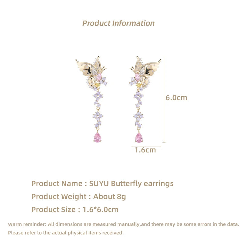 Micro Inlaid Cubic Zirconia Exaggerated Atmospheric Earrings Long Style Butterfly Water Drop Earrings