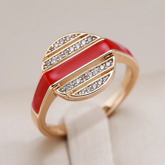 Kinel New Fashion 585 Rose Gold Color Red Enamel Rings For Women Girl Wedding Party Natural Zircon Fine Ring Daily Gift Jewelry