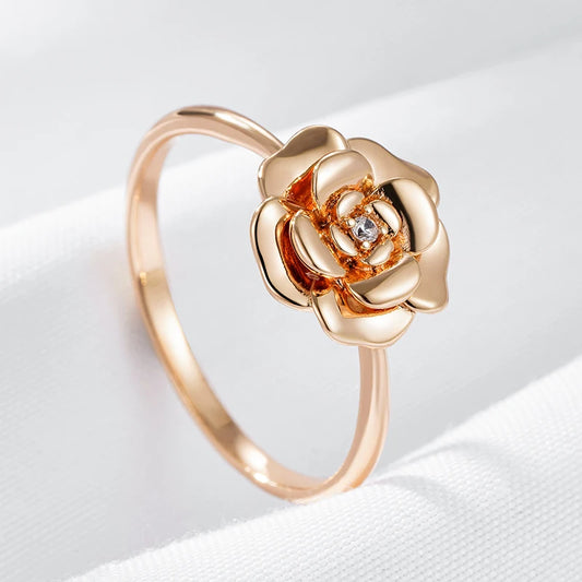 Wbmqda Simple Elegant Metal Flower Ring For Women 585 Rose Gold Color With White Natural Zircon High Quality Daily Fine Jewelry