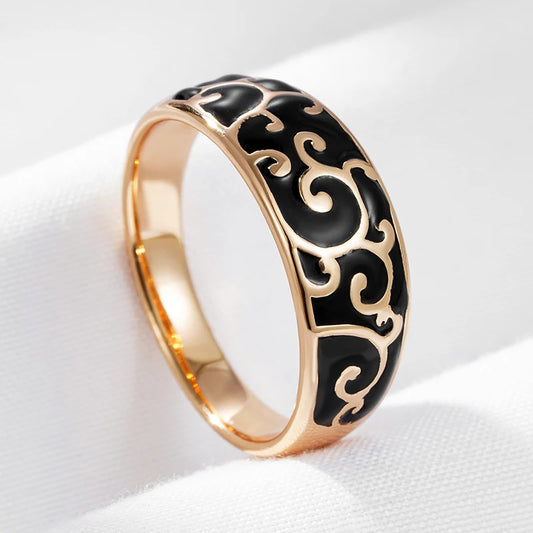 Wbmqda Vintage Black Enamel Gothic Ring For Women 585 Rose Gold Color Exquisite Ethnic Pattern Carving Unique Daily Fine Jewelry