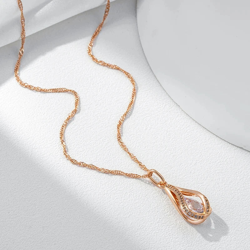 Wbmqda Luxury Natural Zircon Pendant And Necklace For Women 585 Rose Gold Color Sparkling Bridal Wedding Party Ethnic Jewelry