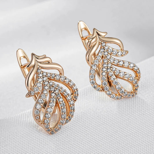 Wbmqda Luxury Feather Shape Drop Earrings For Women 585 Rose Gold Color Full Zircon Setting Sparkling Wedding Party Fine Jewelry