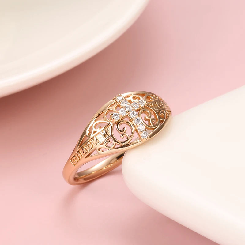 Wbmqda 585 Rose Gold Color Cross Hollow Ring For Women With White Natural Zircon High Quality Daily Fine Jewelry