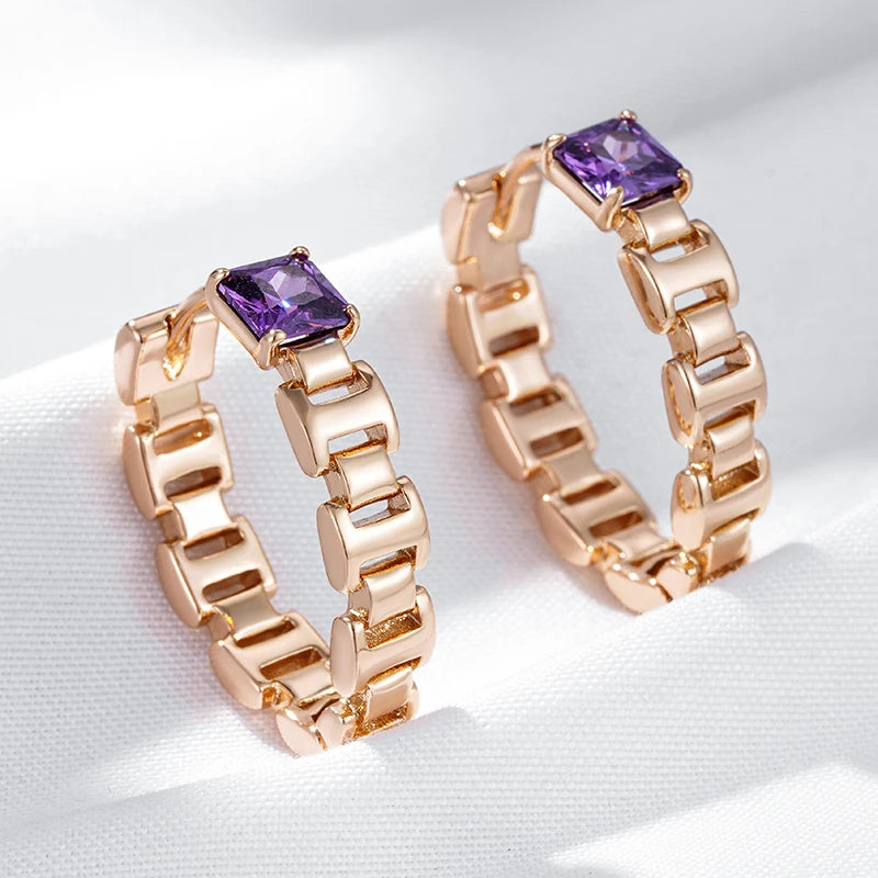 Wbmqda Fashion V Shape Drop Earrings For Women 585 Rose Gold Color With Purple Natural Zircon Daily Party Jewelry 2023 Trending