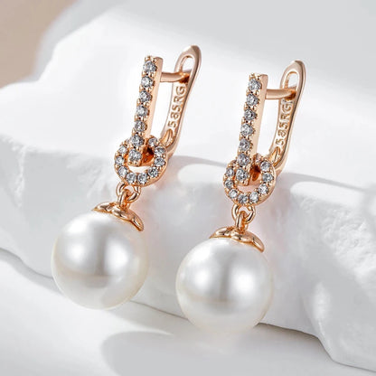 Wbmqda Elegant Pearl Drop Earrings for Women 585 Rose Gold Color With Natural Zircon Luxury Wedding Party Fine Jewelry